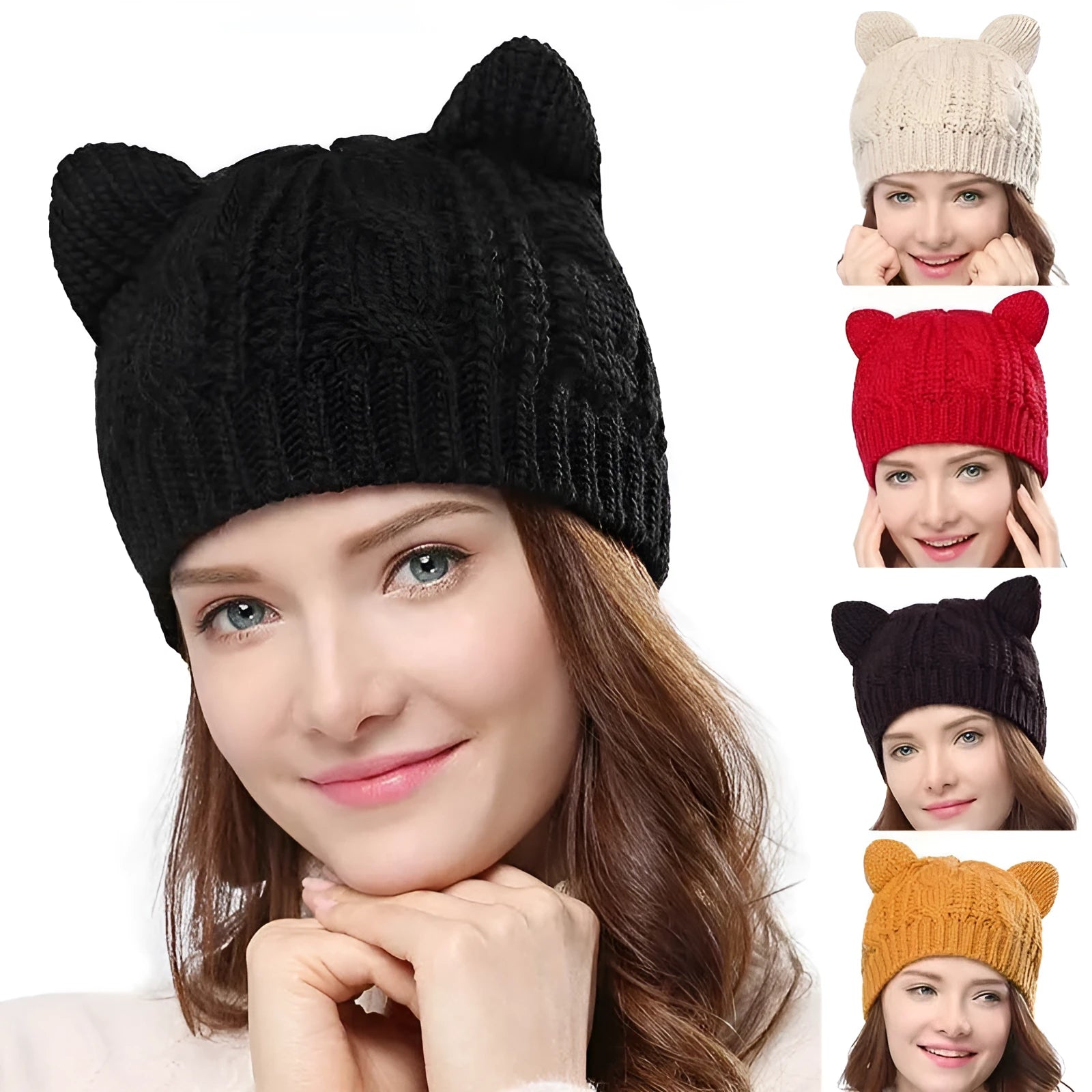 Hand made 3D knitted cat ear winter beanie in wool, shown in multiple colour options