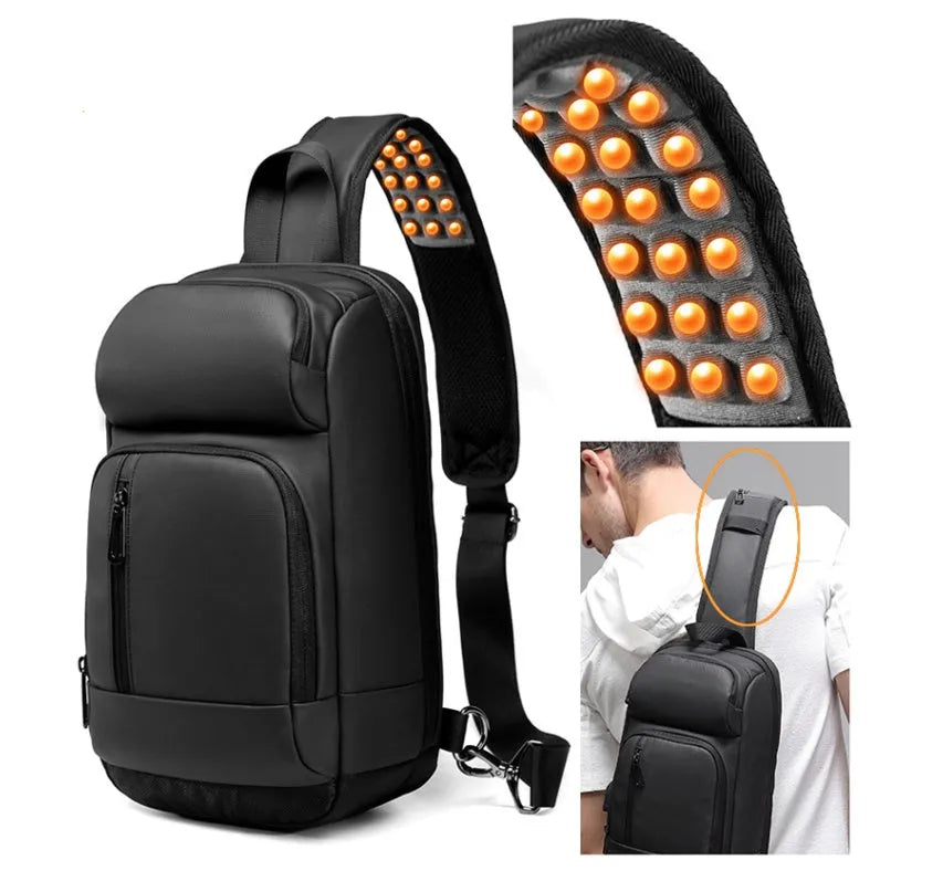 Black outdoor shoulder bag with air cushion strap showing internal laptop and organiser pockets