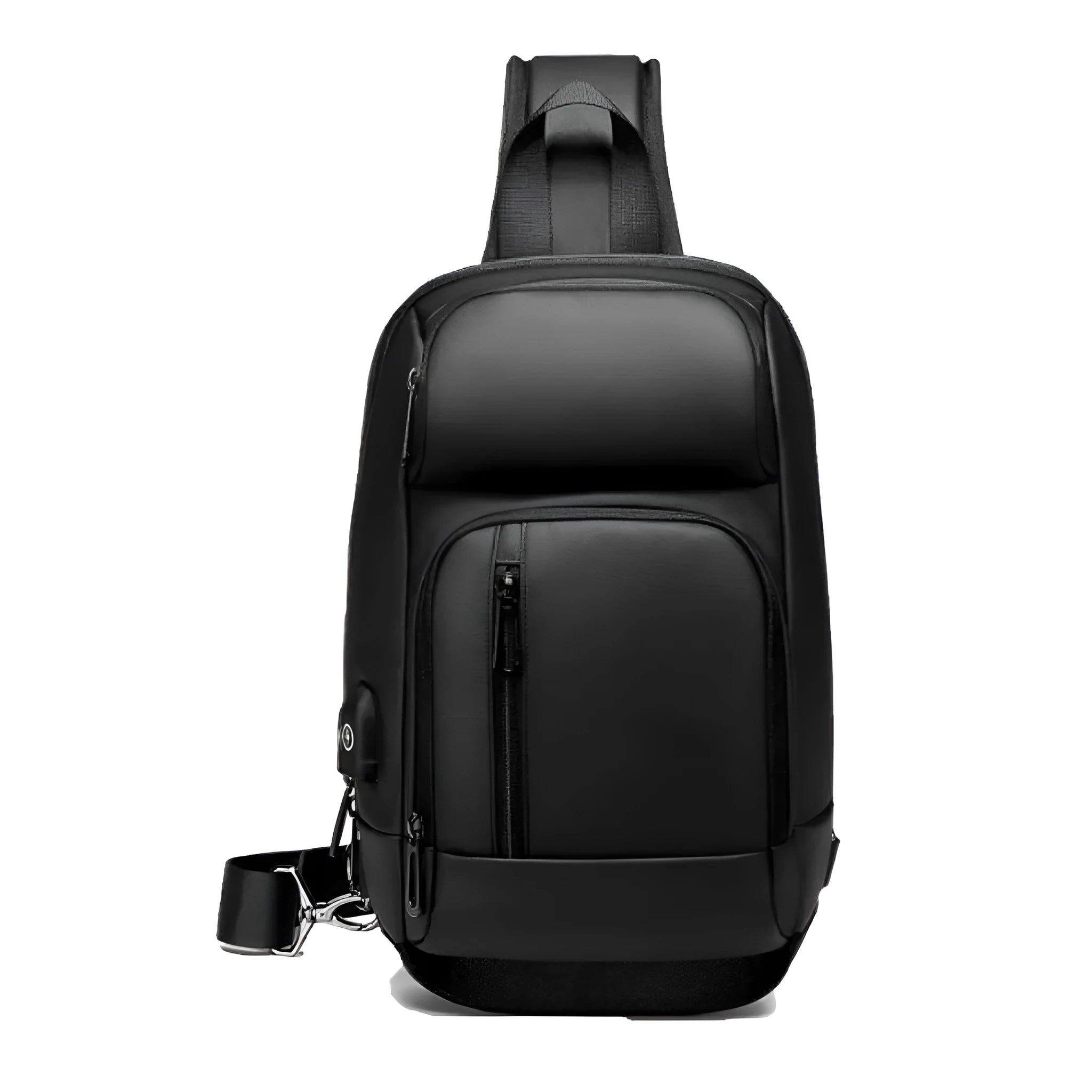 Black outdoor shoulder bag with air cushion strap showing internal laptop and organiser pockets