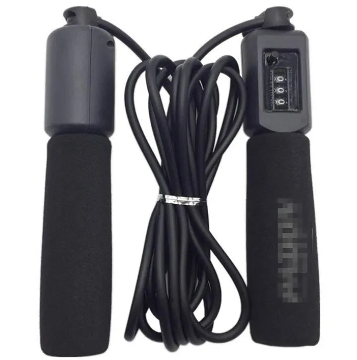 Adjustable skipping rope with blue foam handles and heavy-duty PVC cable on a grey background