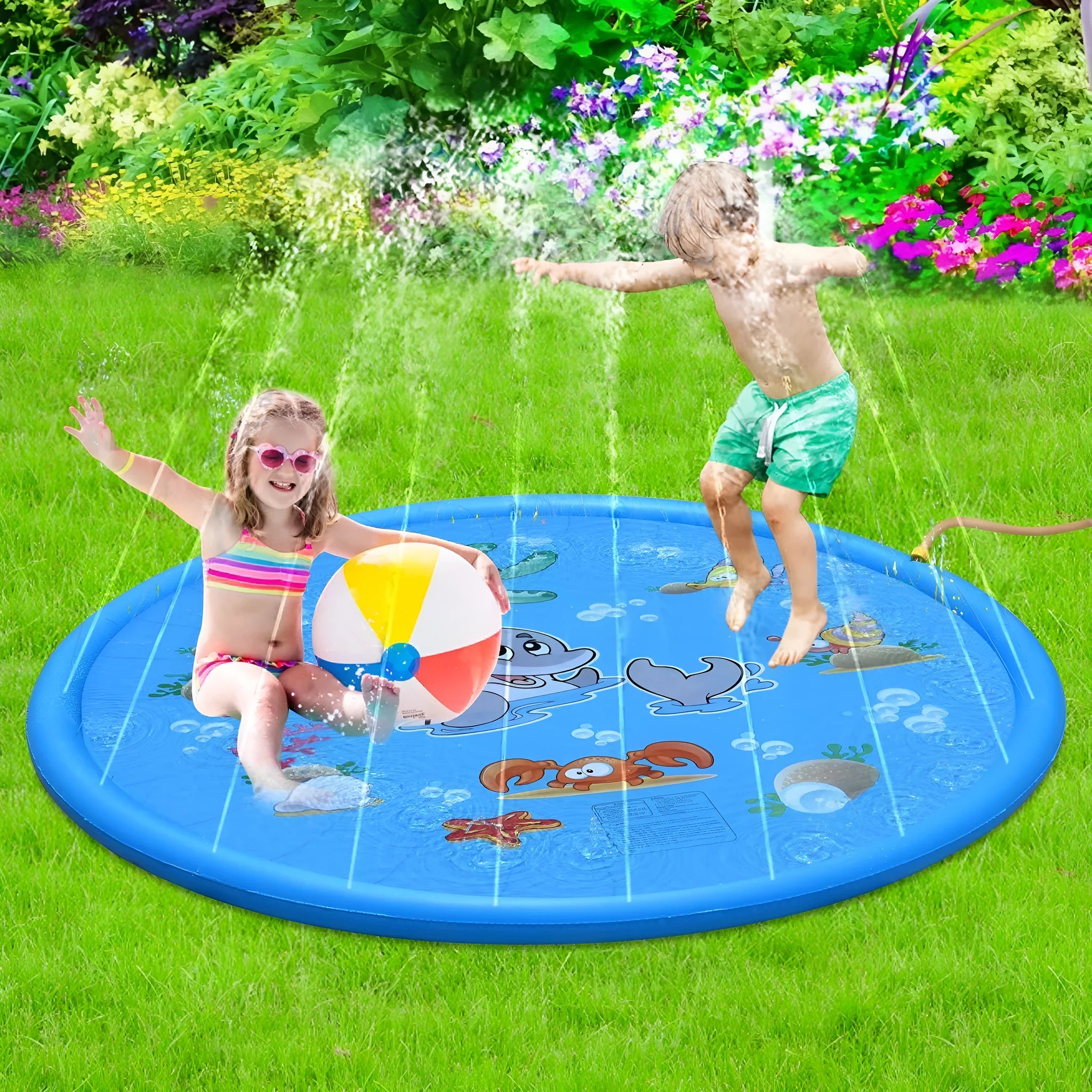 Blue PVC water spray play mat with marine animal graphics for outdoor children's water play
