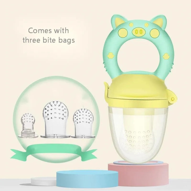 Blue, green, and pink silicone baby teethers showing both single and triple mouthpiece style options.