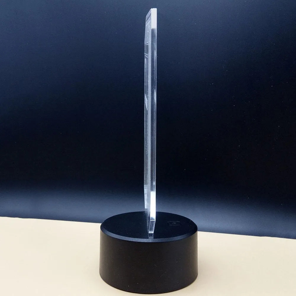 3D acrylic desk lamp with LED colour change lighting and remote control on 8cm ABS base
