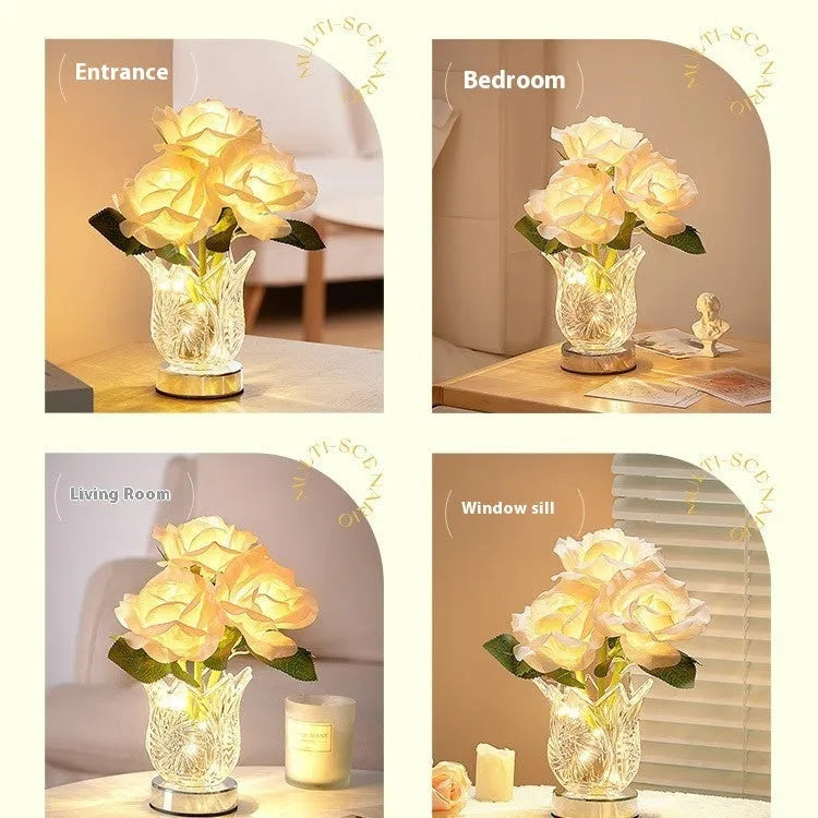 Modern crystal flowers design table lamp with touch dimmer control on wooden surface