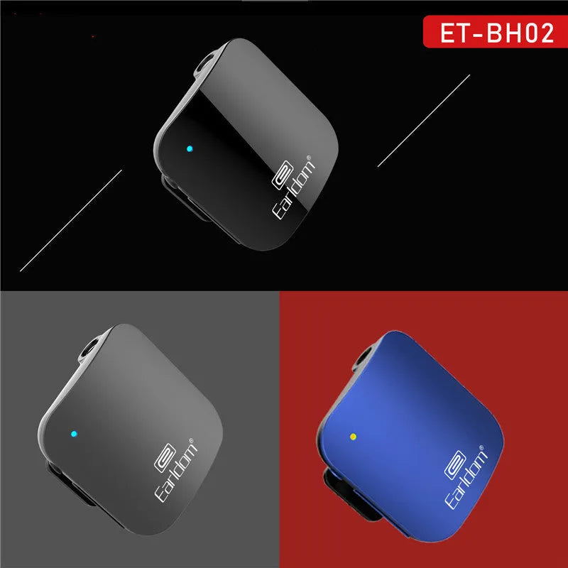 Black Bluetooth lavalier headset with clip, shown alongside packaging.