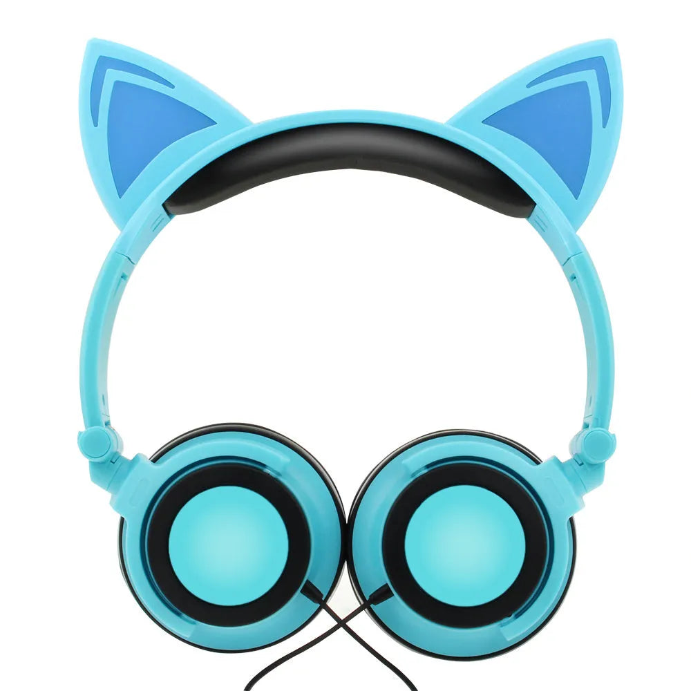LED illuminated cat ear headphones in various colours showing lighted ears and cushion, with 3.5mm cable.