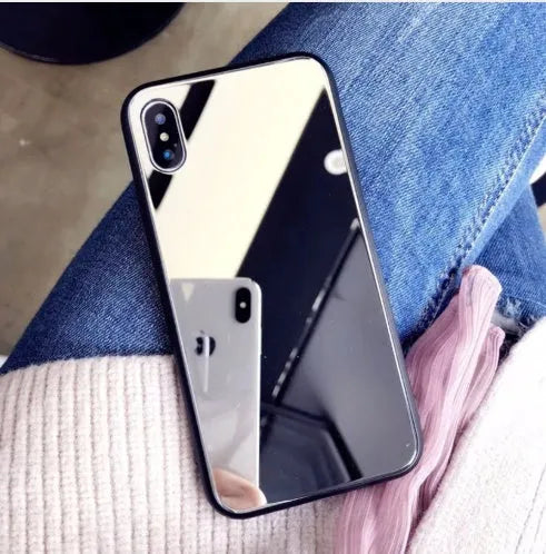Black iPhone mirror phone case with glass back panel compatible with iPhone X, 7 and 8 Plus models
