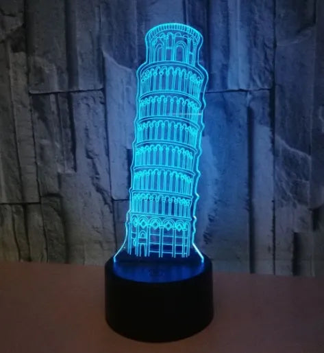 Leaning Tower of Pisa 3D acrylic nightlight with colour changing LEDs on black ABS base