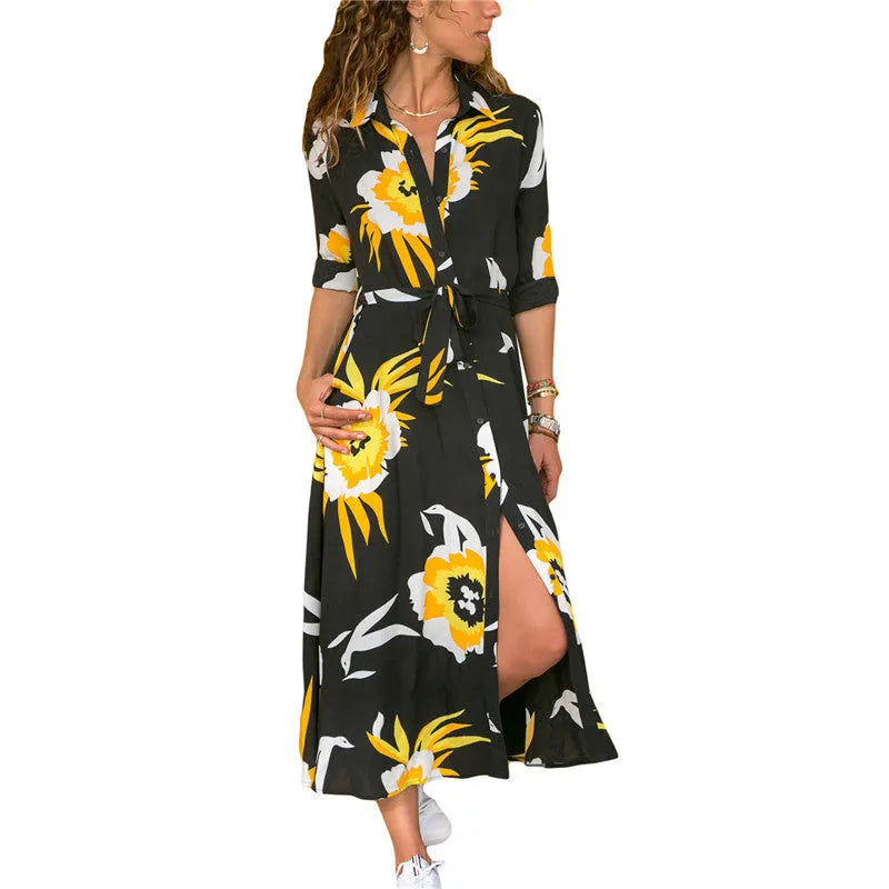 Printed chiffon dress with V-neck collar and conventional sleeves in A-line silhouette