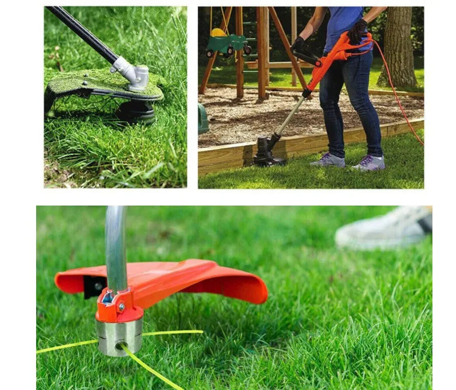 Silver aluminium grass trimmer head with light yellow square lines and wrench for lawn mower