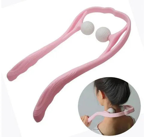 Blue plastic handheld neck and shoulder massager with adjustable stand and removable soft head on a white background.