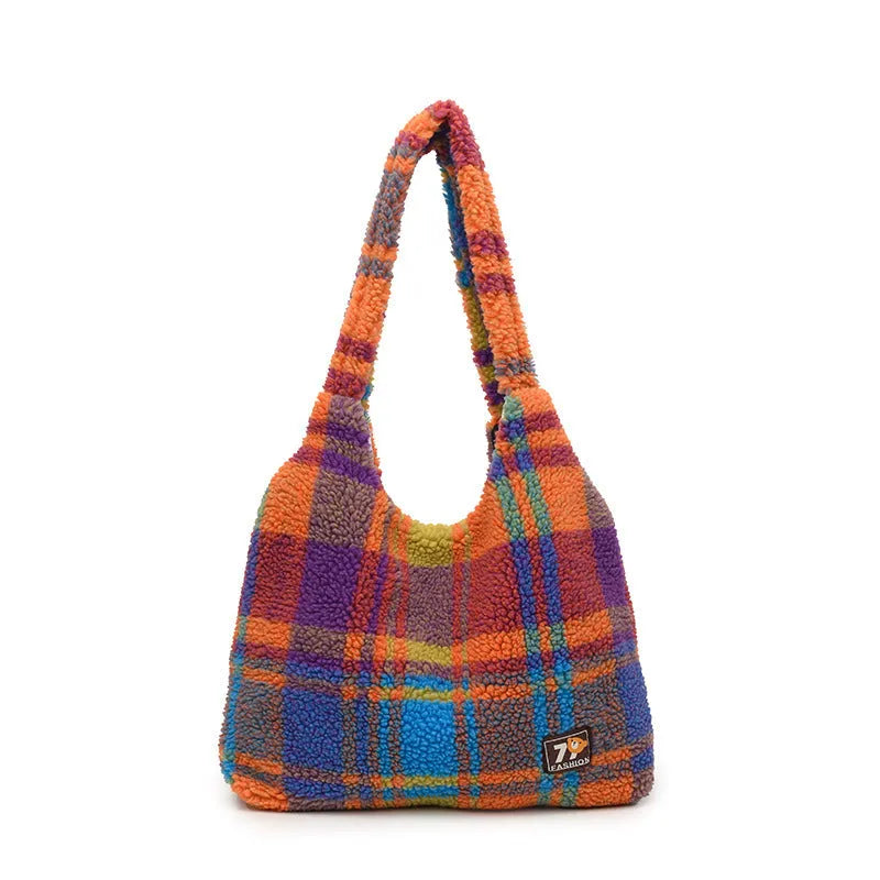 Women's plaid crossbody tote bag showing orange, purple, and army green options with large capacity design