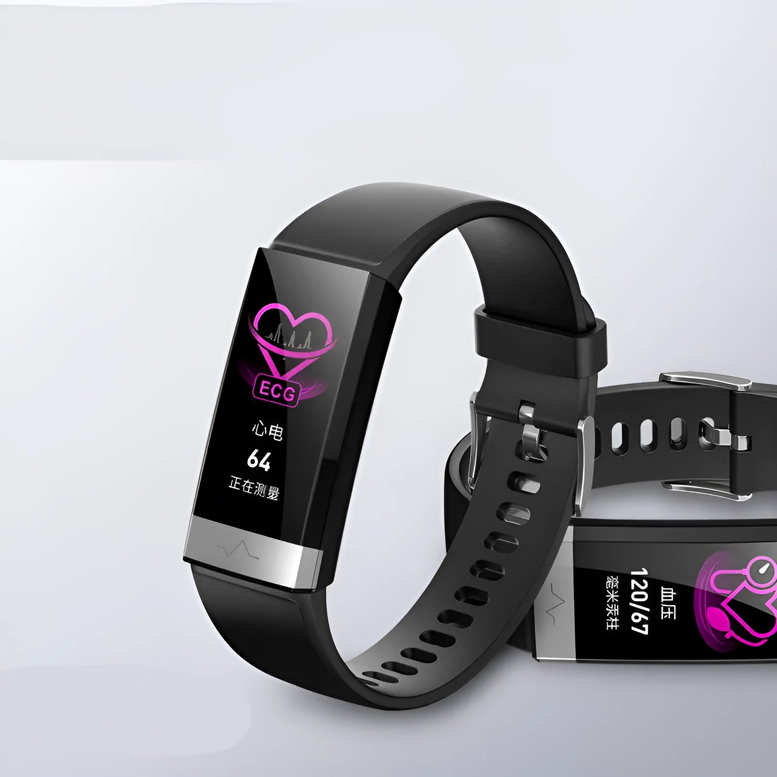 V19 smart fitness bracelet with coloured TPU strap on a wrist, showing its display and ECG sensor.