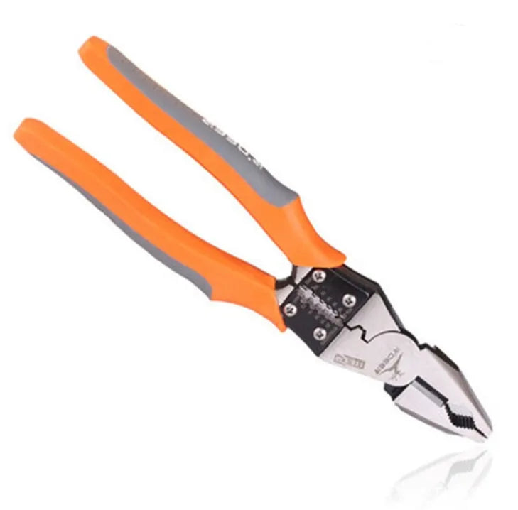 Orange multi-function wire cutter pliers with plastic handle and alloy steel jaws.