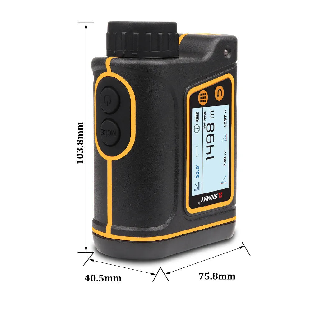 Black handheld golf laser rangefinder unit showing compact size and display.
