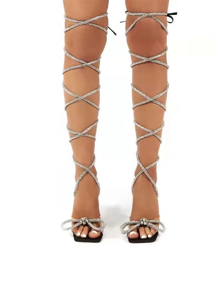 Plus size women's strappy sandals with Roman rhinestone straps and square toe in three colour options