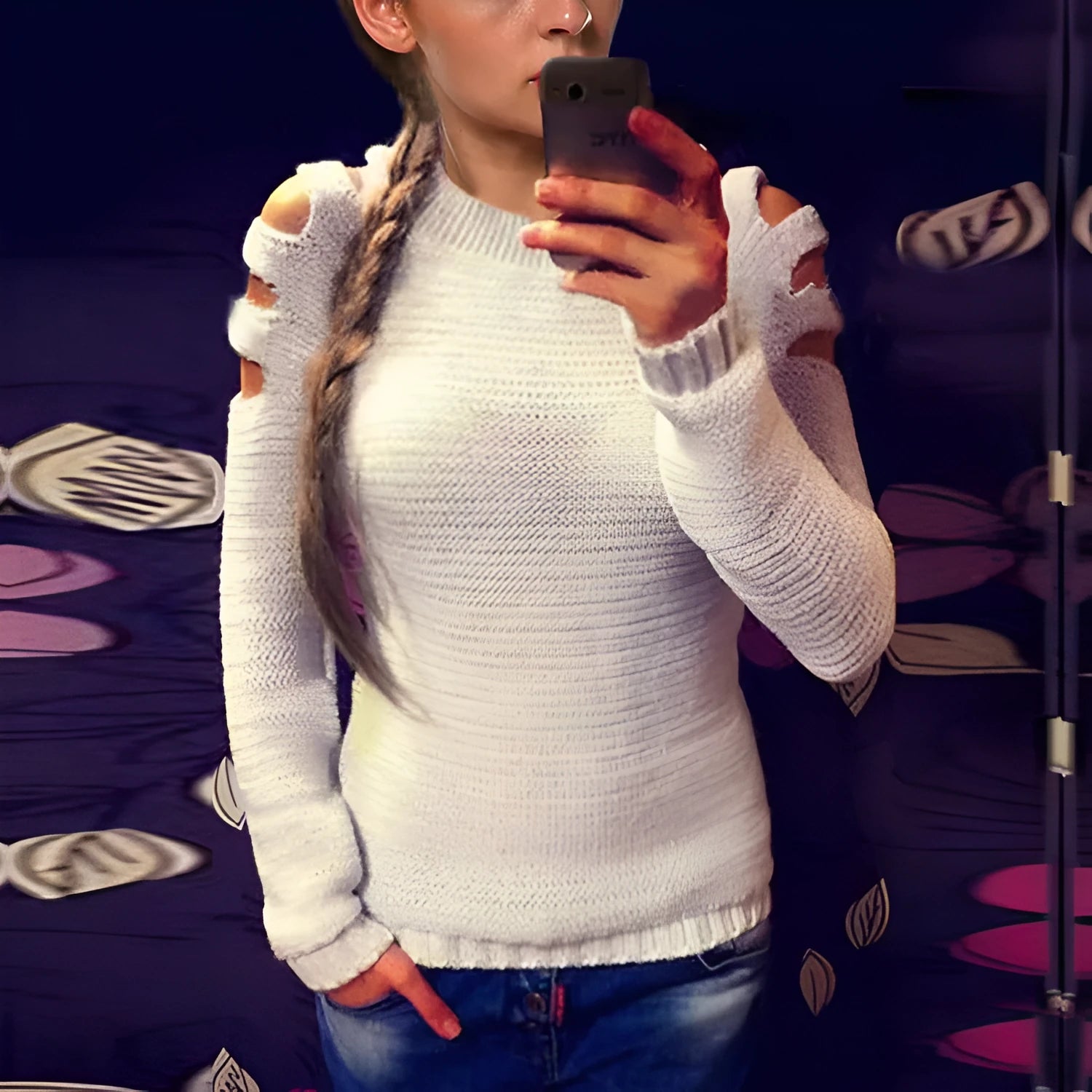 Women's white rabbit fur hollow-out knitted shirt with crochet design and round neckline