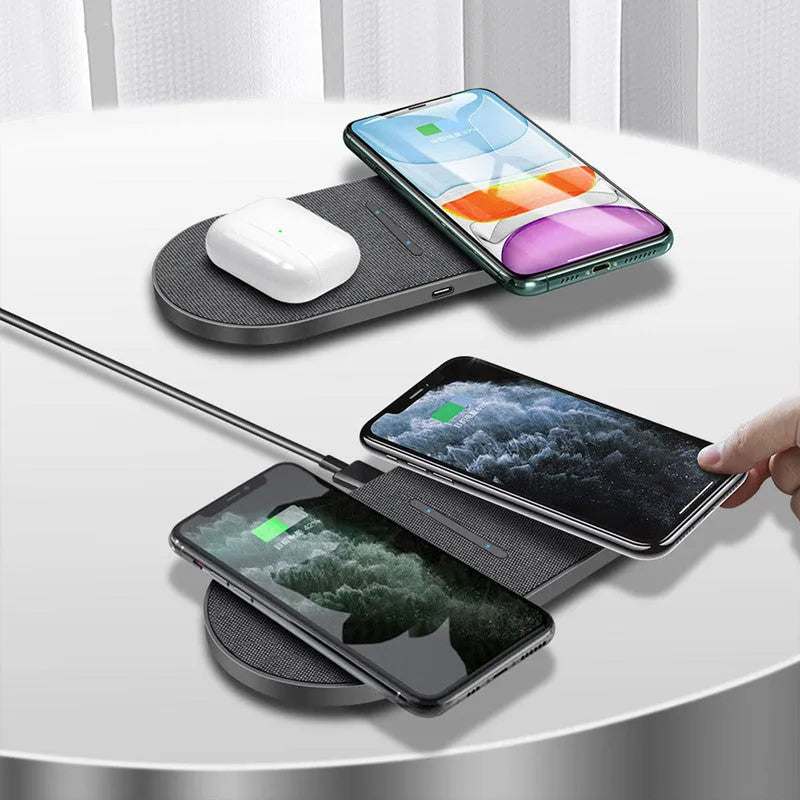 Black wireless charging pad duo for two devices with 10W fast charging capability