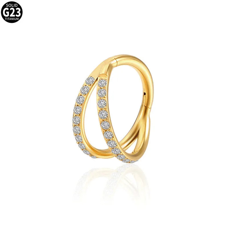 G23 titanium alloy nose ring earring with zircon detail in steel or gold colour, showing gauge and length options.