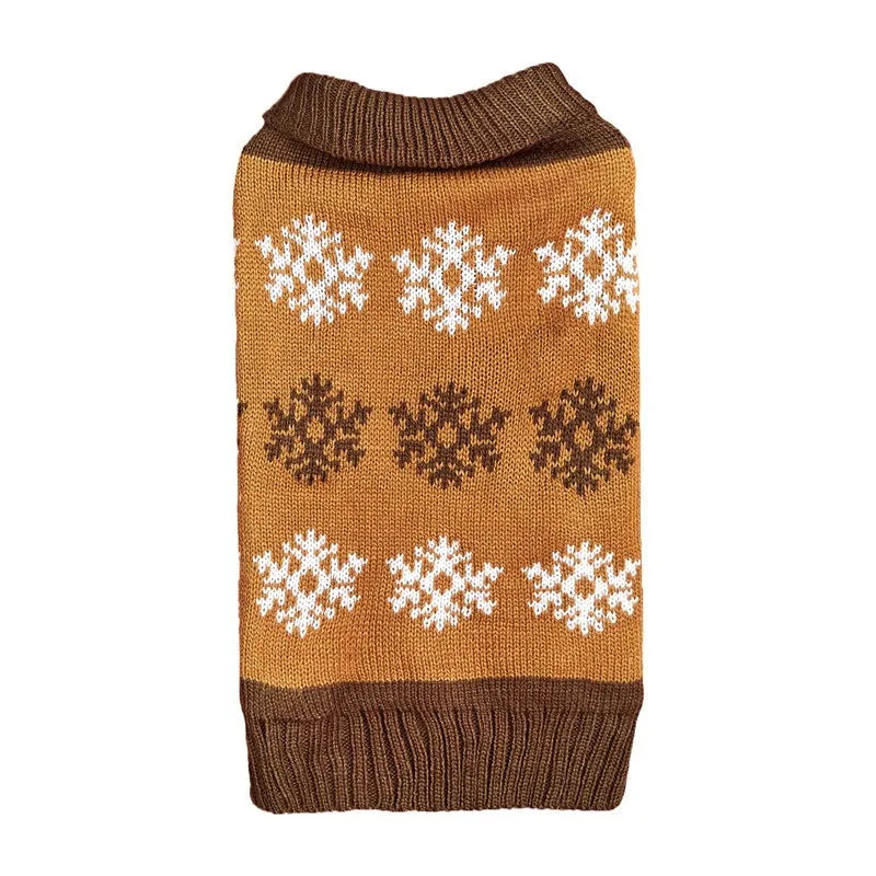Grey and brown snowflake pattern acrylic dog sweater shown in sizes from XXS to XL.