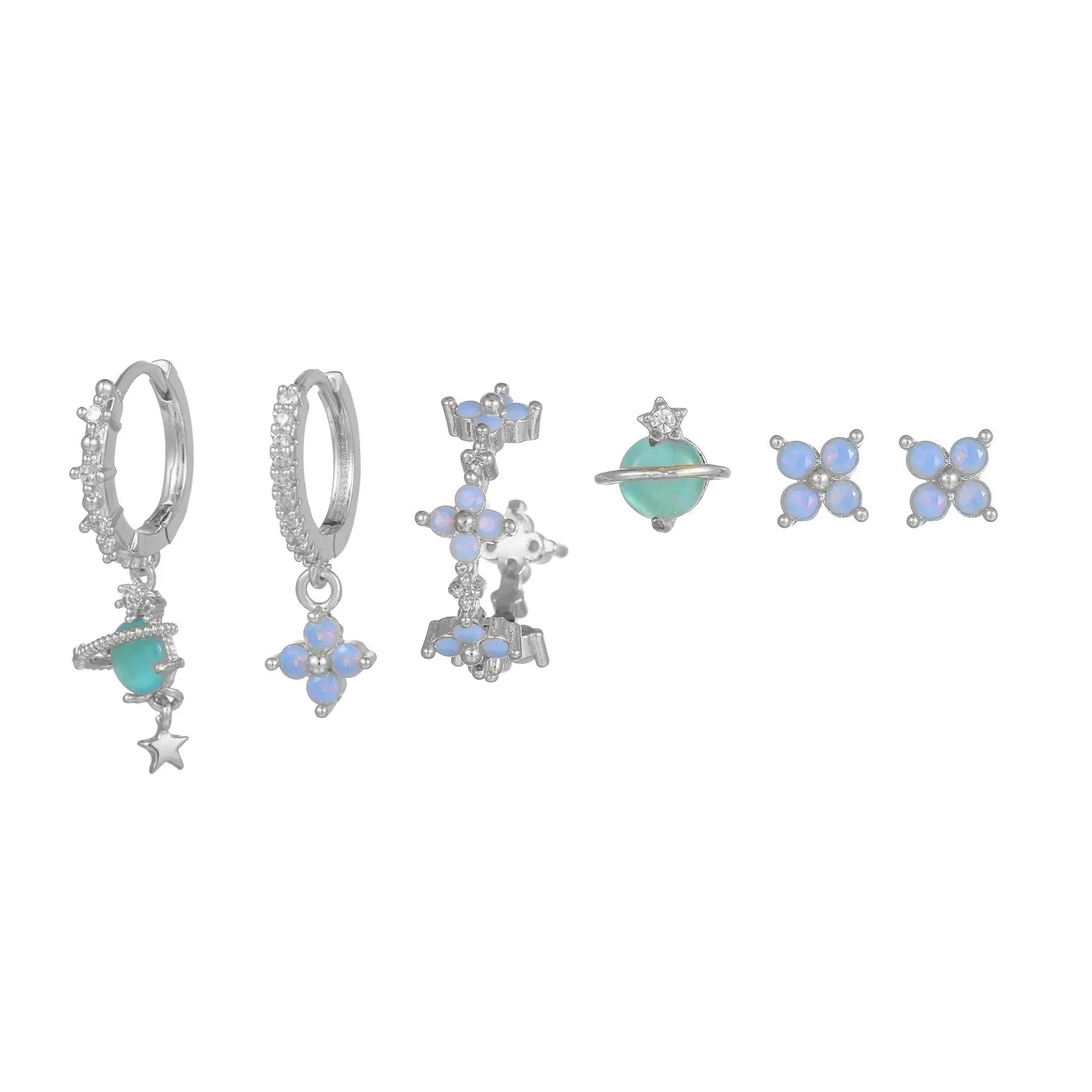 Flower-shaped zircon mosaic ear studs in Japanese Korean style with gold or silver finish