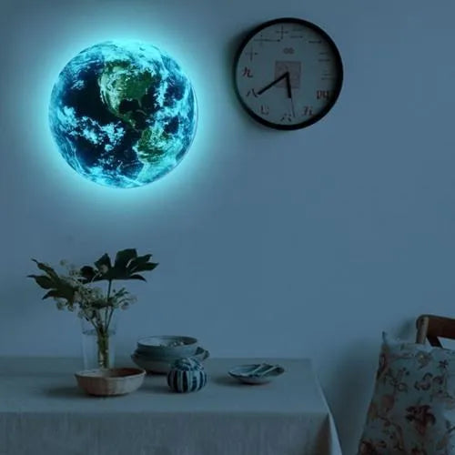 Glow in the dark 3D Earth wall sticker showing luminous planet decoration on wall