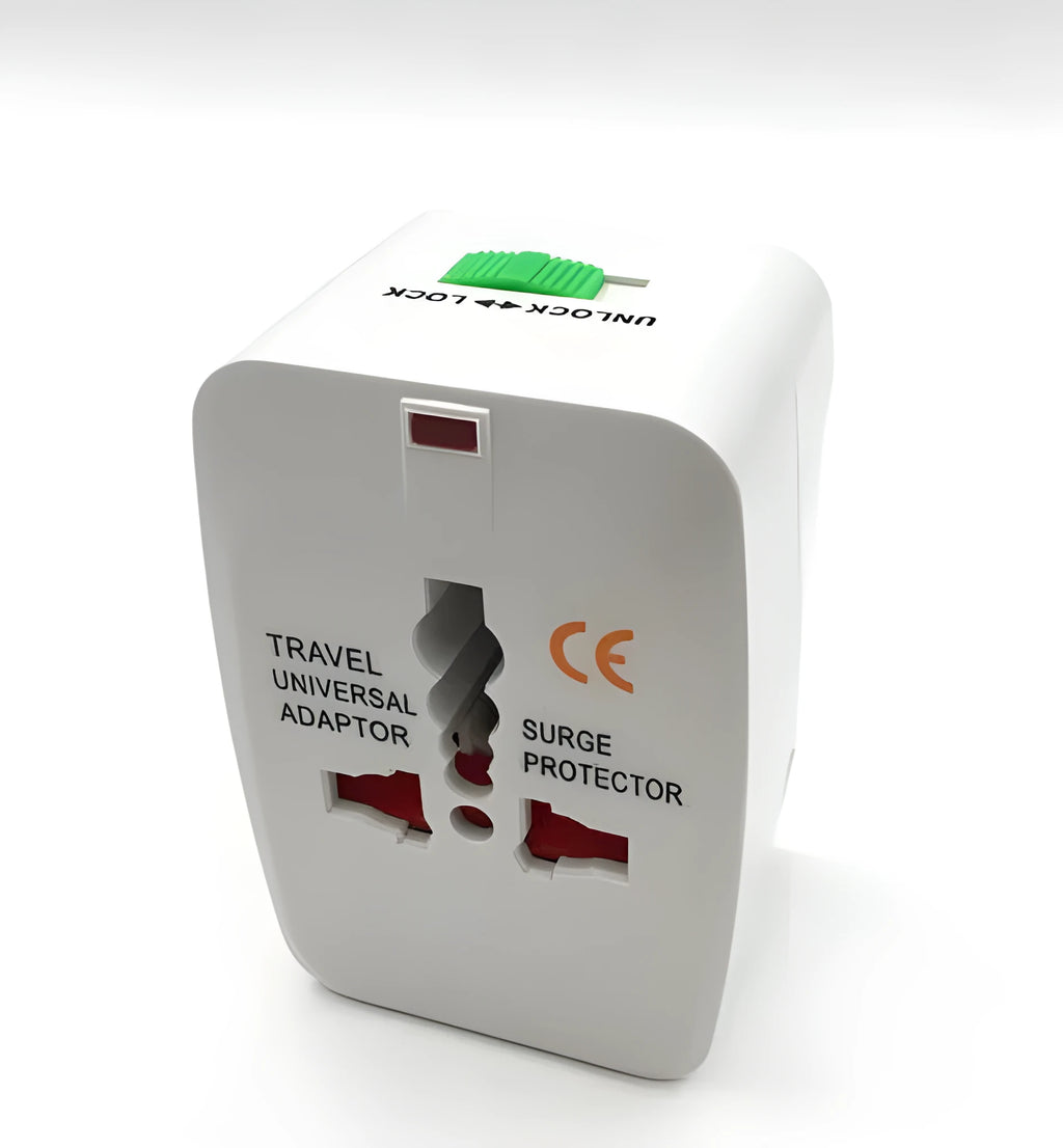 Universal travel adapter plug measuring 73x50x39mm for international socket conversion