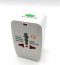 Universal travel adapter plug measuring 73x50x39mm for international socket conversion