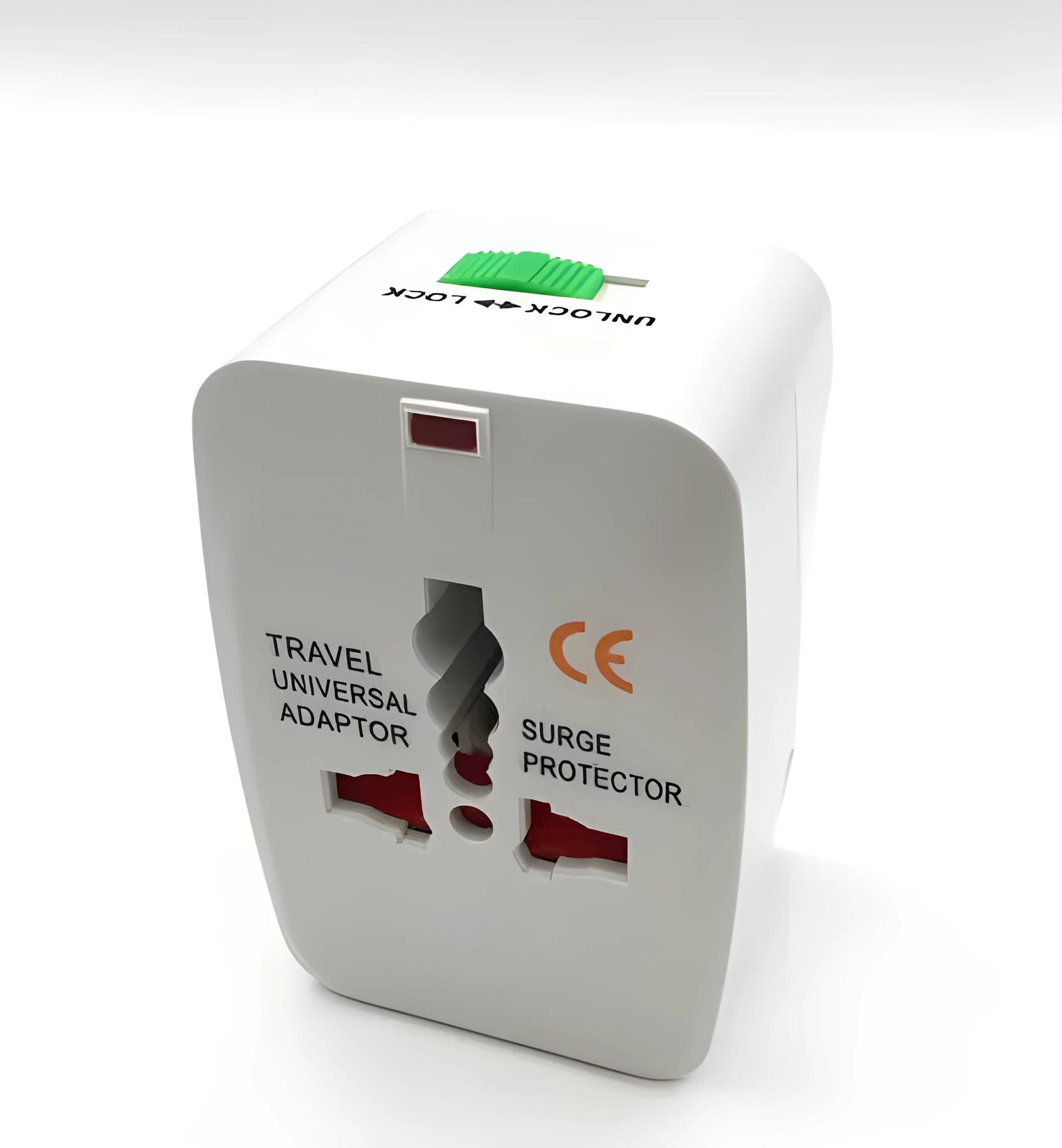 Universal travel adapter plug measuring 73x50x39mm for international socket conversion
