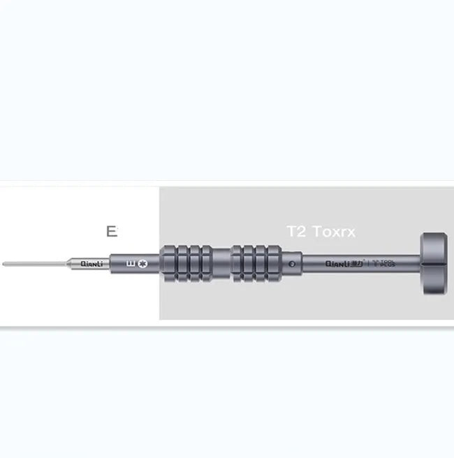 iPhone compatible precision screwdriver with grenade-shaped aluminium handle and five bit types including T2 cross triangle