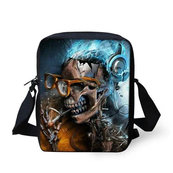 Children's skull print polyester messenger bag with shoulder straps, shown in a medium size.