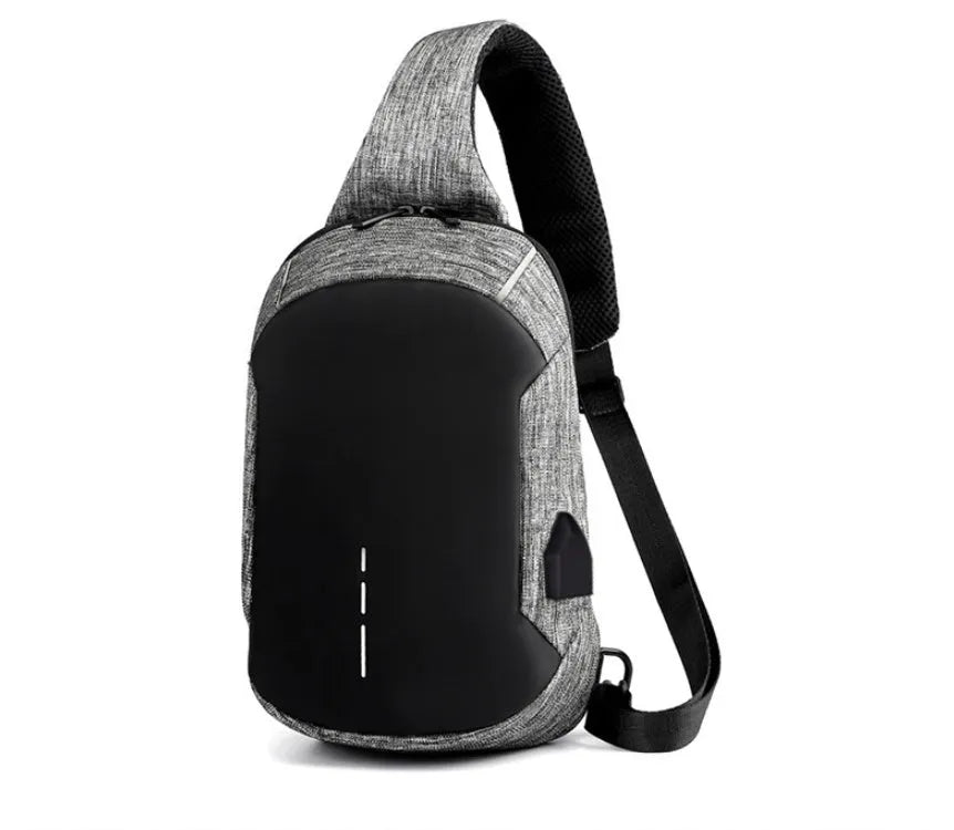 Small dark blue oxford cloth waterproof chest bag with a zipper and car suture detailing.