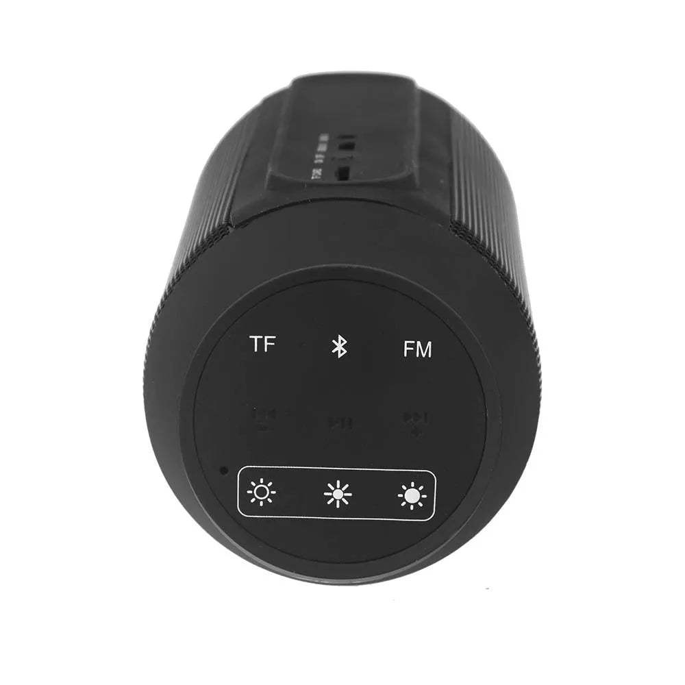 Small black or white portable Bluetooth speaker with a ring of colourful LED lights around its base.