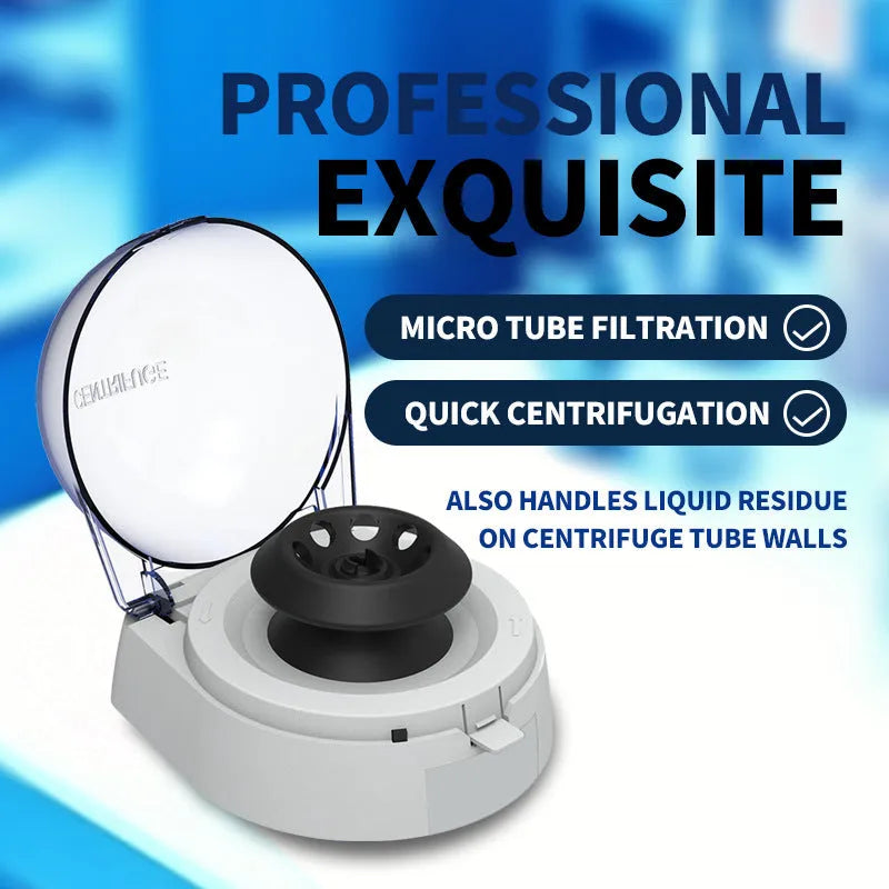 Mini white electric laboratory centrifuge unit on a benchtop