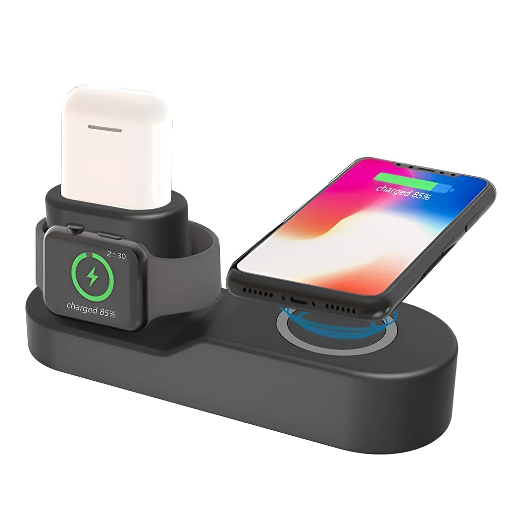 Black and white W3 three-in-one wireless charging station for Apple Watch and mobile phone