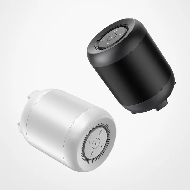 Black and white Bluetooth speaker with AI voice control featuring 16-hour battery and subwoofer boosting