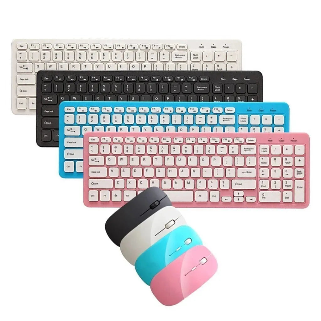 Wireless keyboard and mouse set in black plastic with 96-key layout and micro USB receiver