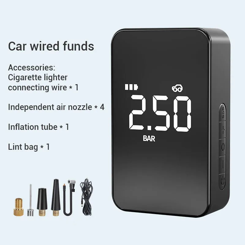 Wireless digital display air pump with LCD screen showing pressure reading, compact black design with inflation hose