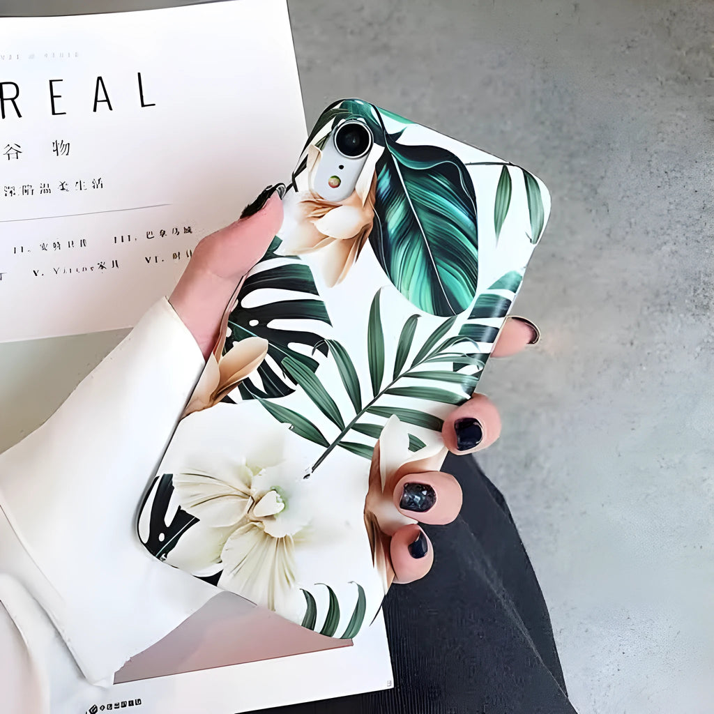 Soft TPU floral phone back cover with banana leaf art for iPhone, shown in flower leaves colour.