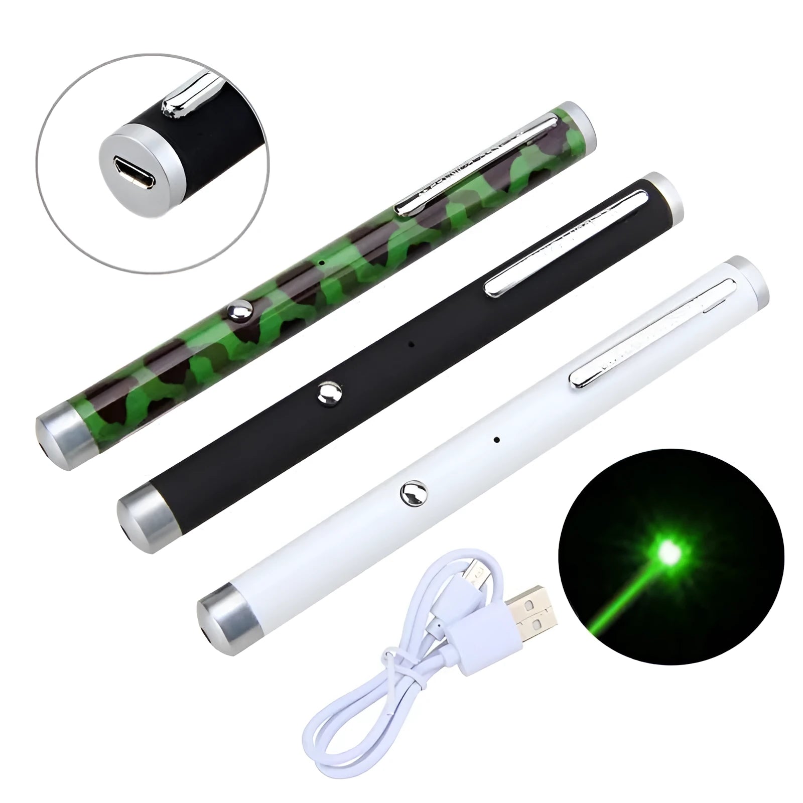 Three 5mw green laser pointer pens in black, camouflage, and white colours