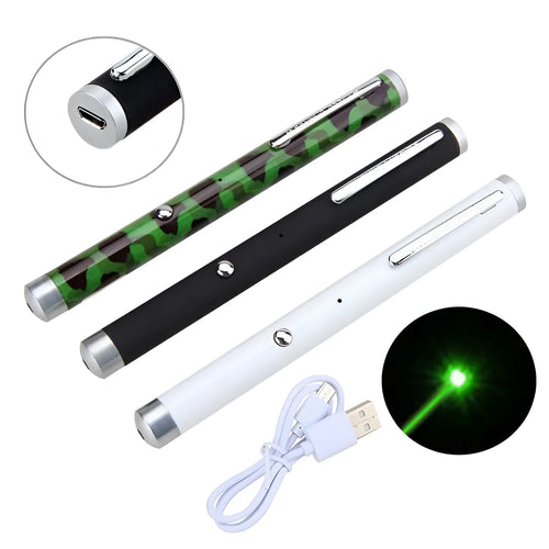 Three 5mw green laser pointer pens in black, camouflage, and white colours