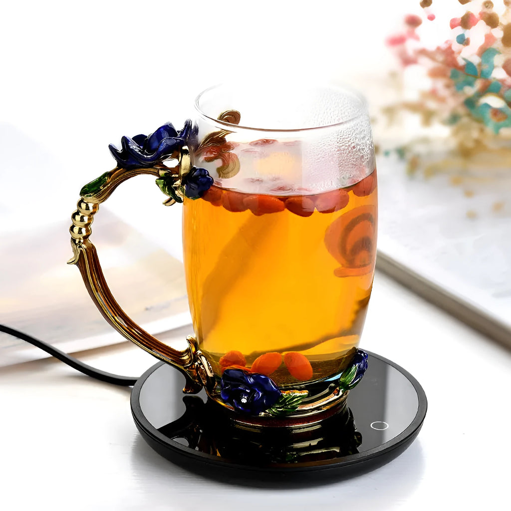 Black coffee cup warmer with 12 cm tempered glass heating surface and ABS plastic base