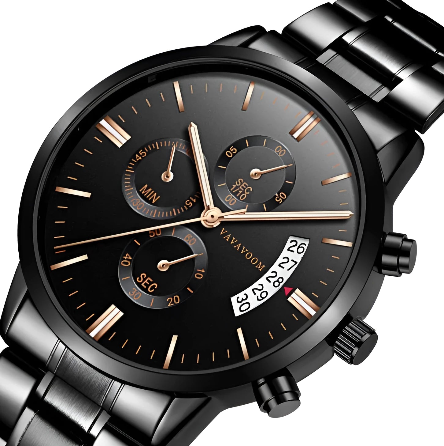Men's stainless steel watch with 43mm dial, calendar display, and butterfly clasp in silver chain option