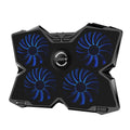 Blue laptop cooling base with four LED fans and dual USB ports