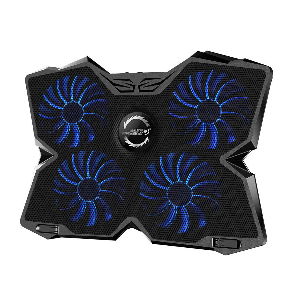Blue laptop cooling base with four LED fans and dual USB ports