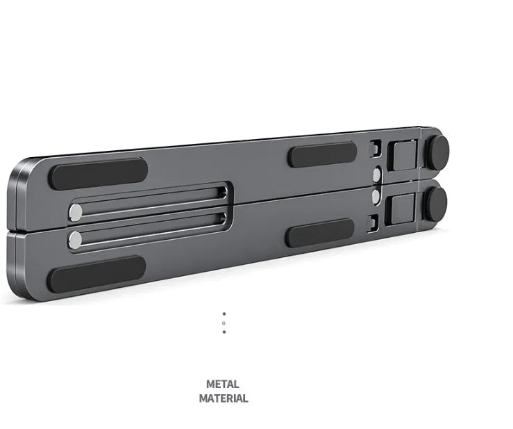 A folded and unfolded aluminium laptop stand in silver, shown next to a laptop.