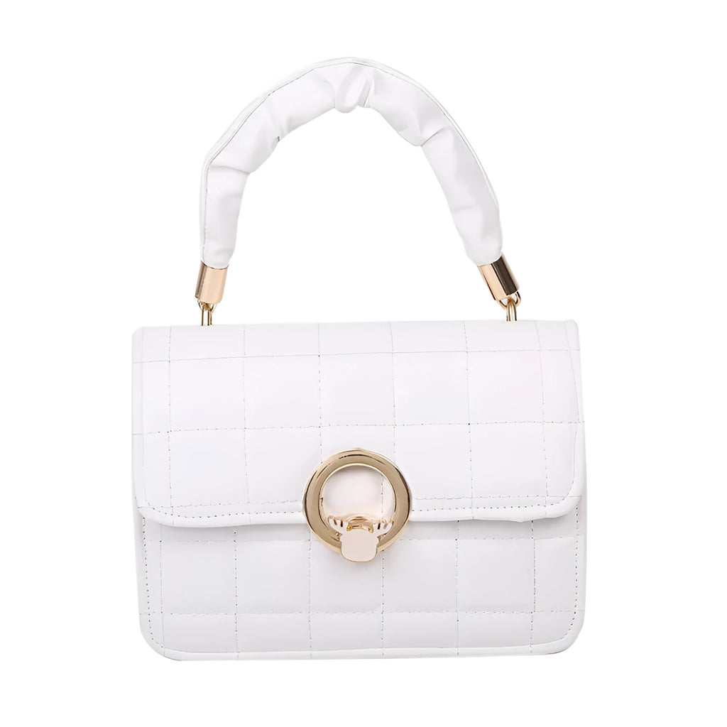 Women's solid colour PU leather small square crossbody bag with messenger chain in Black, Purple, and White