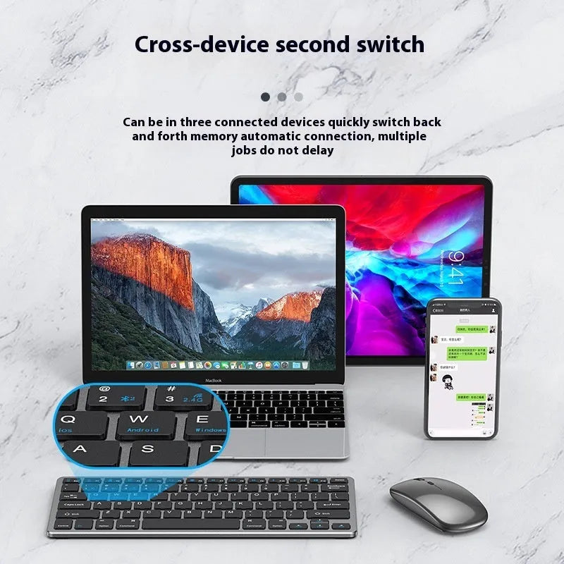 Ultra-thin silent wireless keyboard and rechargeable mouse set in black, gunmetal, or silver.