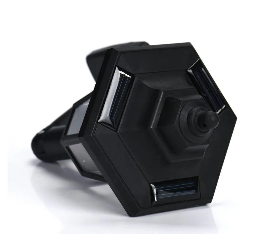 Black hexagonal solar-powered wall light with automatic sensor for outdoor garden or patio lighting