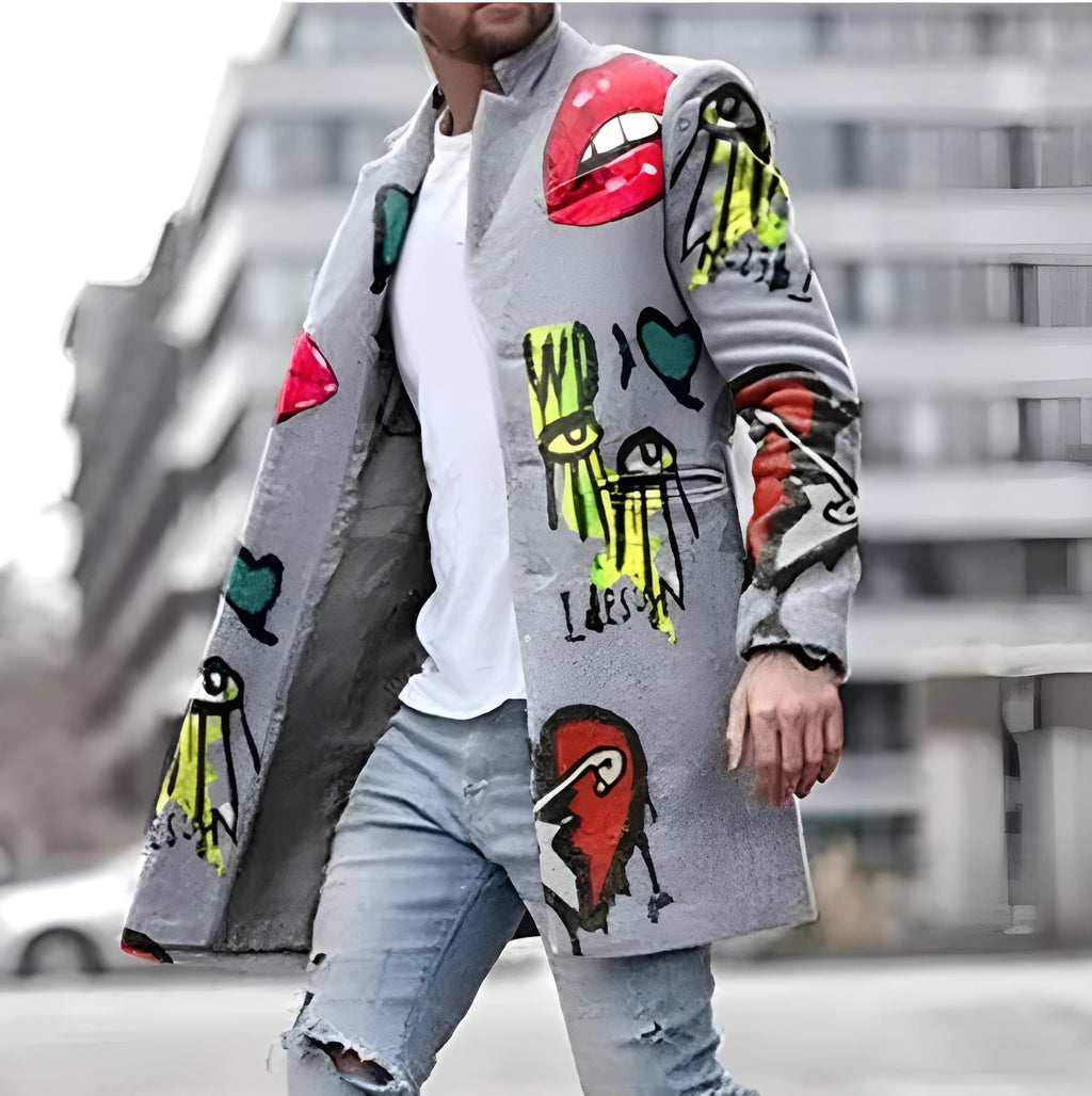 Men's grey loose button long trench coat winter cotton blend front view